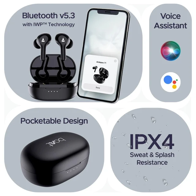 boAt Boat Newly Launched Airdopes 71 TWS Earbuds with 40 Hours Playtime, Dual Mics with ENxTM, ASAPᵀᴹ Charge, IWPᵀᴹ, BEASTᵀᴹ Mode with 50 ms Low Latency, IPX4 & Pocketable ID - 71