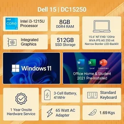 Dell DELL Inspiron 15 (Core i3 14th Gen) Intel Core 3 100U - (8 GB/512 GB SSD/Windows 11 Home) DC15250 Thin and Light Laptop (15 Inch, Platinum Silver, 1.63 Kg, With MS Office) - 39.62 cm (15.6 Inch), Black, Core 3, 512 GB, 8 GB, DDR4, 100U, Up to 4.70GHz, 2, 16 GB, 3200 MHz, SSD, NO, Intel, 7200, Intel Integrated UHD Graphics, Windows 11, Laptop, Power Adaptor, User Guide, Warranty Documents