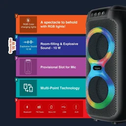 FINGERS 2Mic-ThunderBox45 Portable Speaker with 2 Wireless Mics (40W Immersive Bass, 6.5-Hour Playtime, Dazzling RGB Lights, Recording Feature, TWS Enabled, Bluetooth | USB | AUX | MicroSD | FM Radio - THUNDERBOX 2MIC 45W