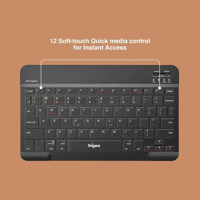 FINGERS BT-Freedom Mini Bluetooth Keyboard - Type-C Rechargeable 30 Days Long Battery Life, X-Type Scissor Keys, Portable Design for Laptops, Tablets & Smartphones (Jet Black) - BT-FREEDOM