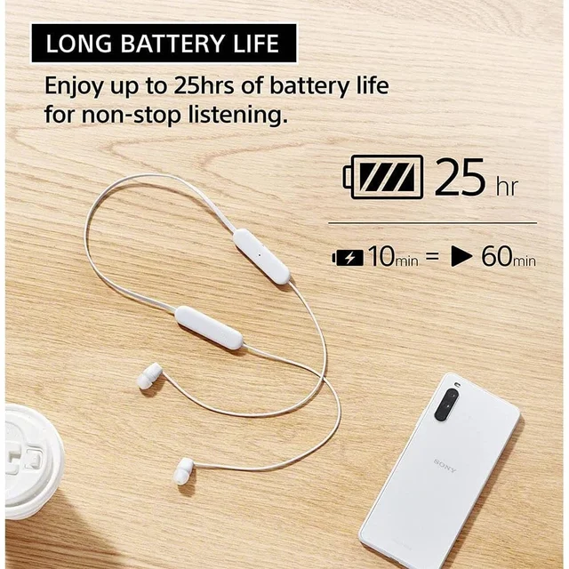 Sony WI-C100 Wireless Headphones with Customizable Equalizer for Deep Bass & 25 Hrs Battery, DSEE-Upscale, Splash Proof, 360RA, Fast Pair, in-Ear Bluetooth Headset with mic for Phone Calls - WI-C100