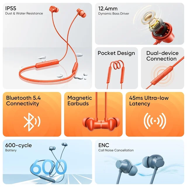 REALME realme Buds Wireless 5 Lite in Ear Bluetooth Neckband with 12.4 mm Dynamic Bass Boost Driver,Upto 35 Hours Playback,45ms Low Latency,IP55 Dust & Water Resistant, Bluetooth V5.4 - WIRELESS 5 LITE