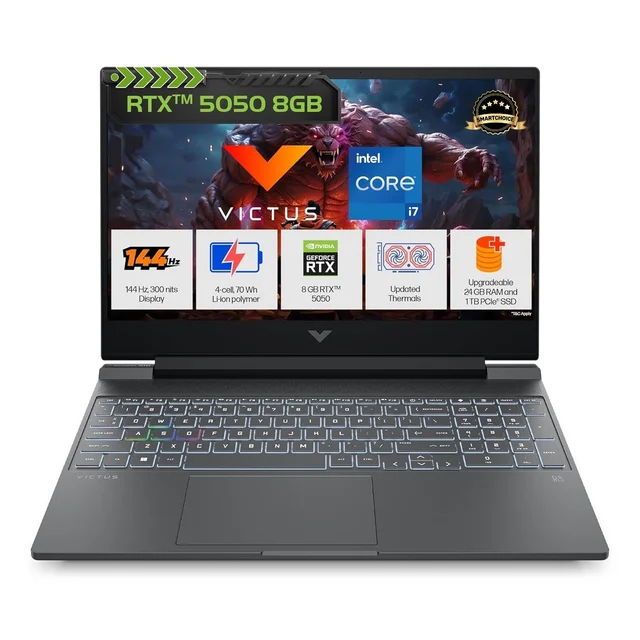 HP Smartchoice Victus, 13th Gen Intel Core i7-13620H, 8GB RTX 5050, 24GB DDR5(Upgradeable) 1TB SSD, 144Hz, FHD, 15.6''/39.6cm, Win11, M365* Office24, Mica Silver, 2.29kg, fa2309TX, RGB Gaming Laptop - 15.6 Inches, Silver, Core i7, 13th Gen, 1 TB, 24 GB, DDR5, 13620H, up to 4.9 GHz, SSD, NO, Intel, 24 MB, NVIDIA GeForce RTX 5050, Windows 11 Home, Laptop, Power Adaptor, User Guide, Warranty Documents