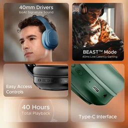 boAt Boat 2025 Launch Rockerz 411, 40Ms Low Latency, 40Hrs Battery, 40Mm Drivers, ENx Tech, Stream Ad Free Music via App Support, Bluetooth Headphones, Wireless Over Ear Headphone with Mic (Active Black) - Rockerz 430