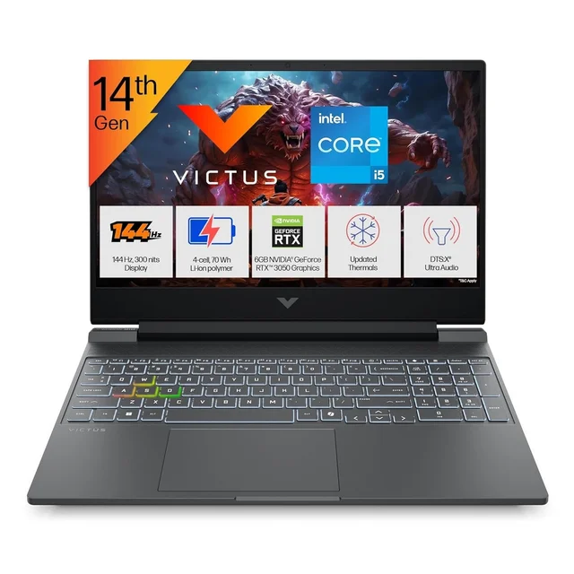 HP VICTUS 15S-FA2303TX 15-14TH(24GB/512GB/6GB 3050/WIN11+MS/SIL-15.6") - 15.6 Inches, Silver, Core i5, 14th Gen, 512 GB, 24 GB, DDR5, 14450HX, up to 4.8 GHz, SSD, NO, Intel, 20 MB, NVIDIA GeForce RTX 4050, Windows 11 Home, Laptop, Power Adaptor, User Guide, Warranty Documents
