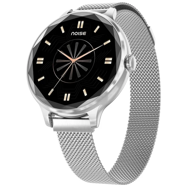 Click to see full view Noise Diva Smartwatch with Diamond Cut dial, Glossy Metallic Finish, AMOLED Display, Mesh Metal and Leather Strap Options, 100+ Watch Faces, Female Cycle Tracker Smart Watch for Women (Silver Link)