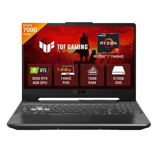 ASUS TUF A15, AMD Ryzen 7 7445HS, Gaming Laptop(RTX 3050-4GB/75W TGP/16GB RAM/512GB SSD/FHD/15.6"/144Hz/Backlit Keyboard/48Whrs/Win11/MS Office24/Graphite Black/2.3 Kg) FA506NCG-HN200WS - 39.62 cm (15.6 Inch), Black, Ryzen 7 Hexa Core, 512 GB, 16 GB, DDR5, 7445HS, up to 4.7 GHz, SSD, NO, AMD, NVIDIA GeForce RTX 3050, Windows 11 Home, Laptop, Power Adaptor, User Guide, Warranty Documents, GDDR6, 4 GB