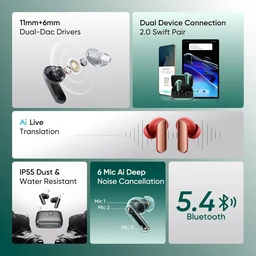 REALME realme Buds Air 7 Pro with Ai Live Translation,11mm+6mm Dual-dac Driver,48 Hrs Playtime,53 dB ANC,LHDC,45Ms Low Latency,360° Spatial Audio,IP55 Dust & Water Resistant,BT 5.4 - AIR 7 PRO
