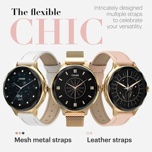 Noise Diva Smartwatch with Diamond Cut dial, Glossy Metallic Finish, AMOLED Display, Mesh Metal and Leather Strap Options, 100+ Watch Faces, Female Cycle Tracker smart Watch for Women (Gold Link) - DIVA MESH