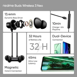 REALME realme Buds Wireless 3 Neo in Ear Bluetooth Neckband with 13.4 Mm Dynamic Bass Boost Driver,Upto 32 Hours Playback,Fast Charge,Ai Enc,45Ms Low Latency,Ip55 Dust&Water Resistannt&Bluetooth V 5.4 Black - WIRELESS 3 NEO