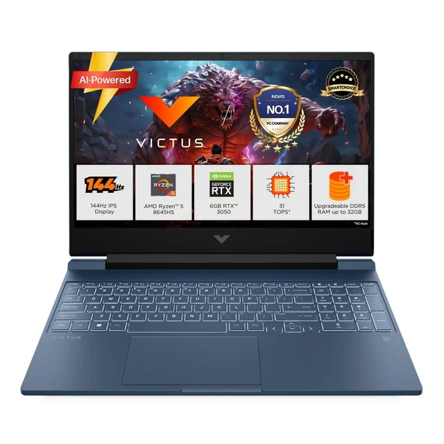 HP VICTUS 15S-FB3009AX R5-8645HS (16GB/512GB/WIN11+MS/6GB 3050/BLUE -15.6") - 39.62 cm (15.6 Inch), Blue, Ryzen 5 Hexa Core, 512 GB, 16 GB, DDR5, 8645HS, up to 5.0 GHz, SSD, NO, AMD, 16 MB, NVIDIA GeForce RTX 4050, Windows 11 Home, Laptop, Power Adaptor, User Guide, Warranty Documents