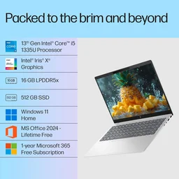 HP Pavilion Plus 14-EW0107TU 15-13TH GEN/16GB/512GB/WIN11+MSO - 35.56 cm (14 Inch), Silver, Core i5, 13th Gen, 512 GB, 16 GB, DDR5, 1335U, up to 4.6 GHz, SSD, Intel, Intel Integrated Iris Xe, Windows 11 Home, 1 x Laptop, 1 x Charger, 1 x User Manual, 1 x Warranty Card