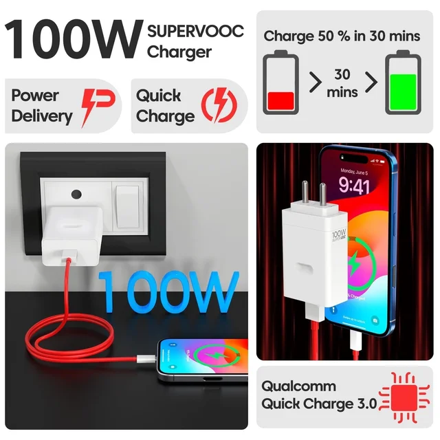 OnePlus One Plus 100W Original Power Adapter with Type-C Cable Ultra-Fast Charger Compatible with One-Plus 12/12R/11/11R/10/10R, Nord CE 3 Lite 5G, Nord 2T 5G, Nord CE 2 Lite 5G, Nord 5G Combo - 100W