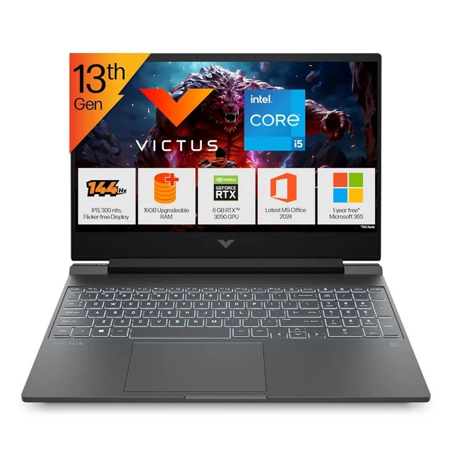 HP Victus, 13th Gen Intel Core i5-13420H, 6GB RTX 3050, 16GB DDR4(Upgradeable) 512GB SSD, FHD, 144Hz, 300 nits, IPS, 15.6''/39.6cm, Win11, M365* Office24, Mica Silver, 2.3kg, fa2700TX, Gaming Laptop - 15.6 Inches, Silver, Core i5, 13th Gen, 512 GB, 16 GB, DDR4, 13620H, up to 4.6 GHz, SSD, NO, Intel, 12 MB, NVIDIA GeForce RTX 5050, Windows 11 Home, Laptop, Power Adaptor, User Guide, Warranty Documents