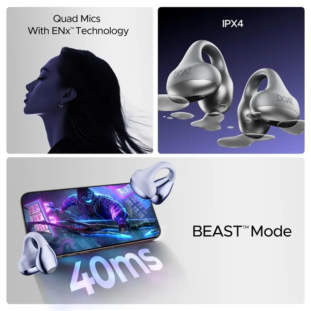 boAt Boat Airdopes Loop in Ear Earbuds Bluetooth W/Clip-On Fit, Air Conduction Tech, 50HRS Battery, 4Mics Enx, Dual EQ Modes, 12Mm Drivers, 40Ms Latency, ASAP Charge, OWS Ear Buds Earphones - LOOP