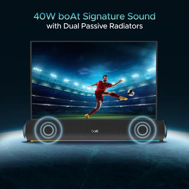 boAt Aavante Bar 950 Bluetooth Soundbar w/ 40W Signature Sound,RGB,Dual Passive Radiators, Up to 7 hrs Playback, Free Music Streaming on JioSaavn, Bluetooth Sound Bar, Soundbar Speaker (Premium Black) - BAR 950 40W