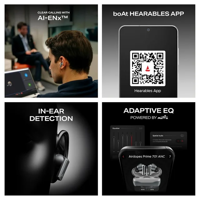 boAt Boat Airdopes Prime 701 ANC, 46dB Hybrid ANC, 50Hr Battery, Real Spatial Audio,Multidevice Connect,App Support, Bluetooth Earbuds, TWS Ear Buds Wireless Earphones with mic - 701 ANC