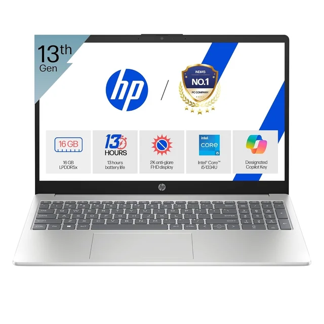HP OmniBook 5 (Previously Pavilion) 13th Gen Intel Core i5 1334U (16GB LPDDR5X,512GB SSD) 2K,IPS, 300nits, 16''/40.6cm, Win11,M365 Basic(1yr),Office Home24, Silver,1.79kg, Camera w/Shutter - 40.64 cm (16 Inch), Silver, Core i5, 13th Gen, 512 GB, 16 GB, LPDDR5X, 1334U, up to 4.6 GHz, SSD, NO, Intel, 12 MB, Intel Integrated Iris Xe, Windows 11, Laptop, Power Adaptor, User Guide, Warranty Documents