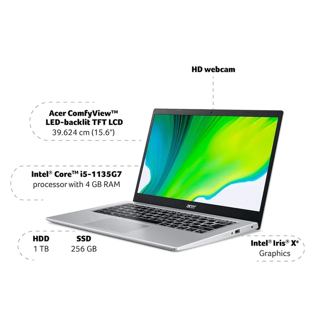 ACER LAPTOP ACER A515-56-54B7 (15/11TH/8GB/1TB/WIN10) - 39.62 cm (15.6 Inch), Silver, Core i5, 11th Gen, 1 TB, 8 GB, DDR4, 1135G7, Max Turbo Boost Frequency Up to 4.20 GHz, HDD, NO, Intel, Intel Integrated Intel Iris Xe Graphics, Windows 11, Laptop, Power Adaptor, User Guide, Warranty Documents