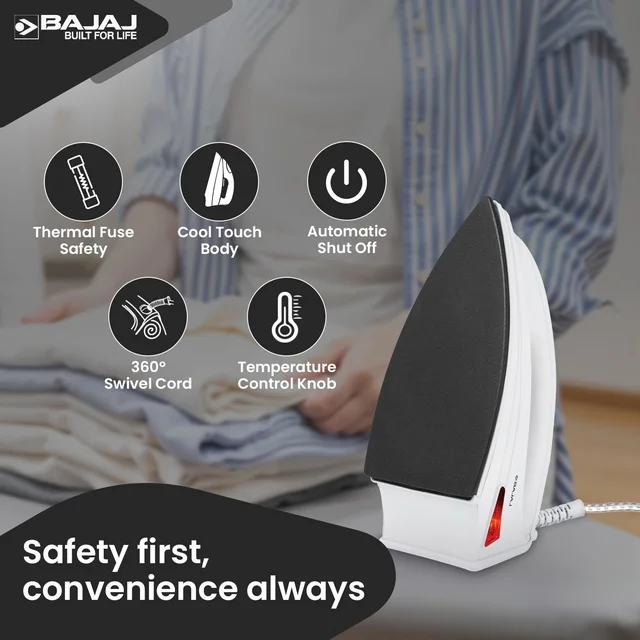 Bajaj DX-6 1000 Watts Dry Iron | Advance Soleplate And Anti-Bacterial German Coating Technology | Thermol Fuse Safety | Auto Shut-Off | Cool Touch Body | 2 Yr Warranty | White - DX6