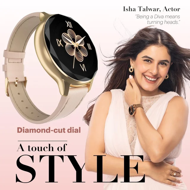 Noise Diva Smartwatch with Diamond Cut dial, Glossy Metallic Finish, AMOLED Display, Mesh Metal and Leather Strap Options, 100+ Watch Faces, Female Cycle Tracker smart Watch for Women (Gold Link) - DIVA MESH