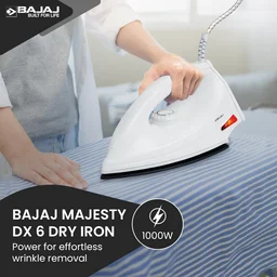 Bajaj DX-6 1000 Watts Dry Iron | Advance Soleplate And Anti-Bacterial German Coating Technology | Thermol Fuse Safety | Auto Shut-Off | Cool Touch Body | 2 Yr Warranty | White - DX6