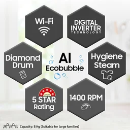 Samsung 8 kg, 5 star, Eco Bubble Technology, AI Control, Wi-Fi, Fully-Automatic Front Load Washing Machine - WW80T504DAB1TL