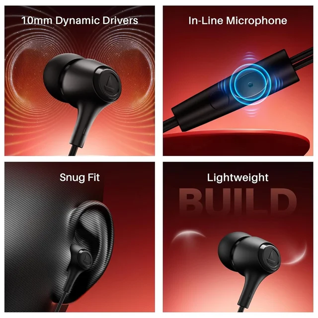 boAt Boat Bassheads 95 (2025 Launch) Wired in Ear Phones,10Mm Drivers,Signature Sound,in-Line Microphone,Integrated Controls,Snug Fit,Lightweight,Voice Assistant,120Cm Cable & 3.5Mm Jack(Active Black) - BASSHEAD 95