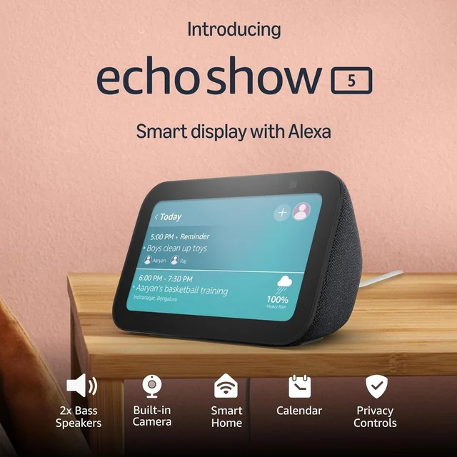 Amazon Echo Show 5 (latest model) | Smart display with Alexa, 2x bass speaker, clearer sound, camera for home monitoring, bluetooth | Charcoal - ECHO SHOW 5 - 3RD GEN, Charcoal