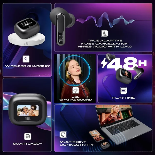 JBL New Launch Live Beam 3 TWS,Hi-Res Audio True ANC Earbuds,Smart Case with Touch Display,48H Playtime,Wireless Charging,6 Mic,Multipoint Connection,Ip55 Proof, Headphones App,Personi-Fi 3.0 - LIVE BEAM 3