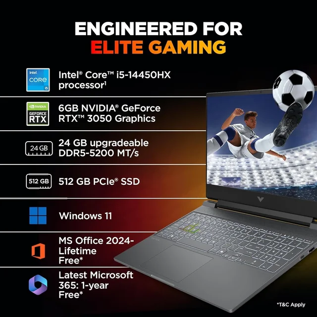 HP VICTUS 15S-FA2303TX 15-14TH(24GB/512GB/6GB 3050/WIN11+MS/SIL-15.6") - 15.6 Inches, Silver, Core i5, 14th Gen, 512 GB, 24 GB, DDR5, 14450HX, up to 4.8 GHz, SSD, NO, Intel, 20 MB, NVIDIA GeForce RTX 4050, Windows 11 Home, Laptop, Power Adaptor, User Guide, Warranty Documents