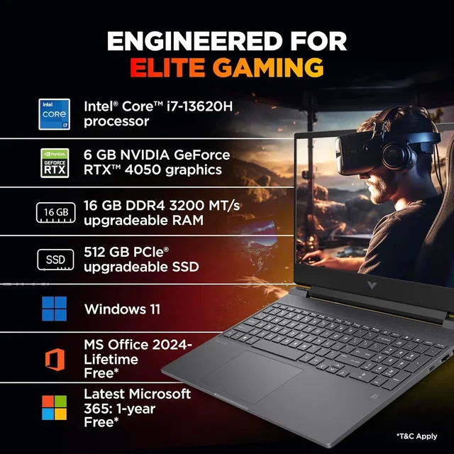 HP VICTUS 15S-FA2103TX 17-13 TH (16GB/512GB/WIN11+MS/6GB RTX 4050/SIL -15.6") - 15.6 Inches, Silver, Core i7, 13, 512 GB, 16 GB, DDR4, 13620H, up to 4.9 GHz, SSD, NO, Intel, NVIDIA GeForce RTX 4050, Windows 11 Home, Laptop, Power Adaptor, User Guide, Warranty Documents
