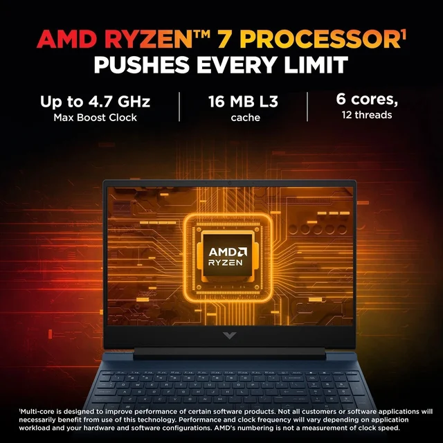 HP LAPTOP- Victus FB3122AX -R7-744H/16GB/512GB/4GB 2050/WIN11/MS OFFICE - 39.62 cm (15.6 Inch), Midnight Blue, Ryzen 7 Hexa Core, 512 GB, 16 GB, DDR5, 7445HS, up to 4.7 GHz, SSD, AMD, NVIDIA GeForce RTX 2050, Windows 11 Home, Laptop, Power Adaptor, User Guide, Warranty Documents