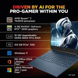 HP LAPTOP- Victus FB3122AX -R7-744H/16GB/512GB/4GB 2050/WIN11/MS OFFICE - 39.62 cm (15.6 Inch), Midnight Blue, Ryzen 7 Hexa Core, 512 GB, 16 GB, DDR5, 7445HS, up to 4.7 GHz, SSD, AMD, NVIDIA GeForce RTX 2050, Windows 11 Home, Laptop, Power Adaptor, User Guide, Warranty Documents