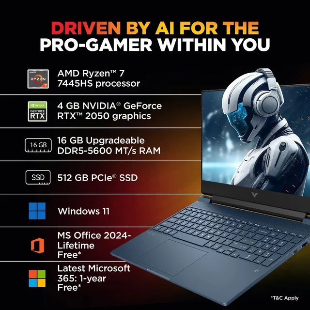 HP LAPTOP- Victus FB3122AX -R7-744H/16GB/512GB/4GB 2050/WIN11/MS OFFICE - 39.62 cm (15.6 Inch), Midnight Blue, Ryzen 7 Hexa Core, 512 GB, 16 GB, DDR5, 7445HS, up to 4.7 GHz, SSD, AMD, NVIDIA GeForce RTX 2050, Windows 11 Home, Laptop, Power Adaptor, User Guide, Warranty Documents
