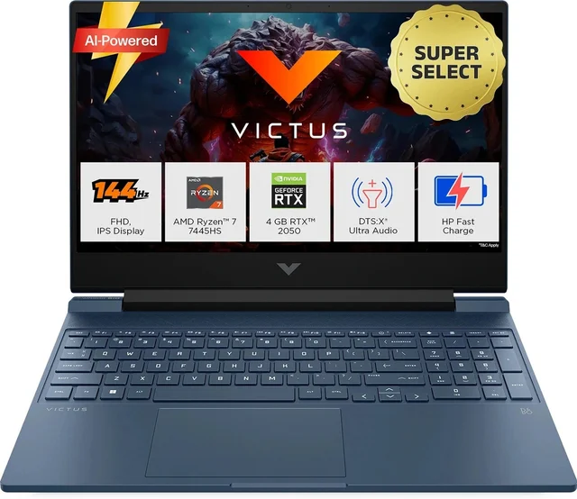 HP LAPTOP- Victus FB3122AX -R7-744H/16GB/512GB/4GB 2050/WIN11/MS OFFICE - 39.62 cm (15.6 Inch), Midnight Blue, Ryzen 7 Hexa Core, 512 GB, 16 GB, DDR5, 7445HS, up to 4.7 GHz, SSD, AMD, NVIDIA GeForce RTX 2050, Windows 11 Home, Laptop, Power Adaptor, User Guide, Warranty Documents