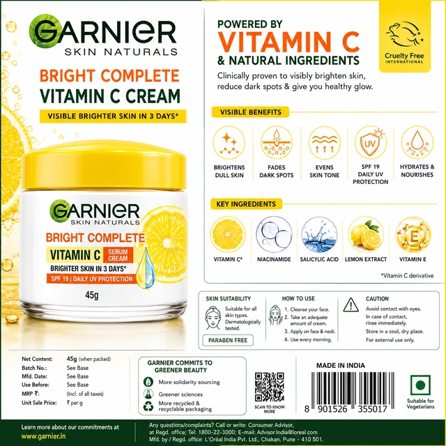 Garnier Bright Complete Vitamin C Cream - 45 G