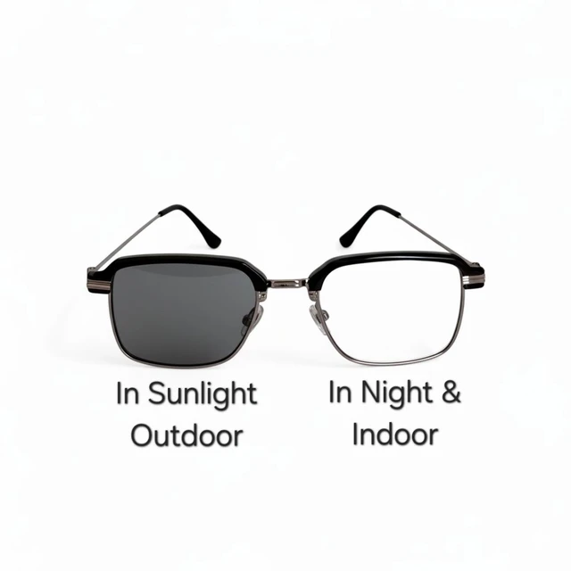 Day & Night use Colour Changing Square Design Silver Colour Metal Frame Computer cum Sunglass for Men