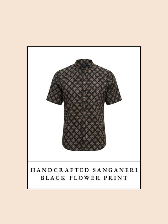 Handcrafted Sanganeri Black Flower Print Half-Sleeve Shirt Mandarin Collar - Pure Cotton