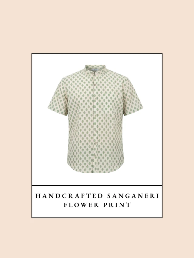Handcrafted Sanganeri Flower Print Half-Sleeve Shirt Mandarin Collar - Pure Cotton
