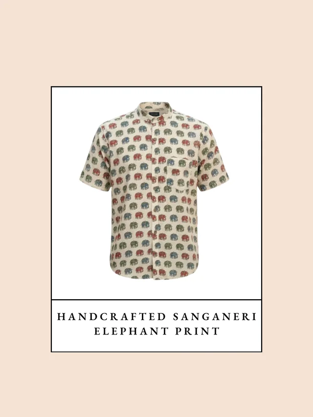 Handcrafted Sanganeri Elephant Print Half-Sleeve Shirt Mandarin Collar – Pure Cotton