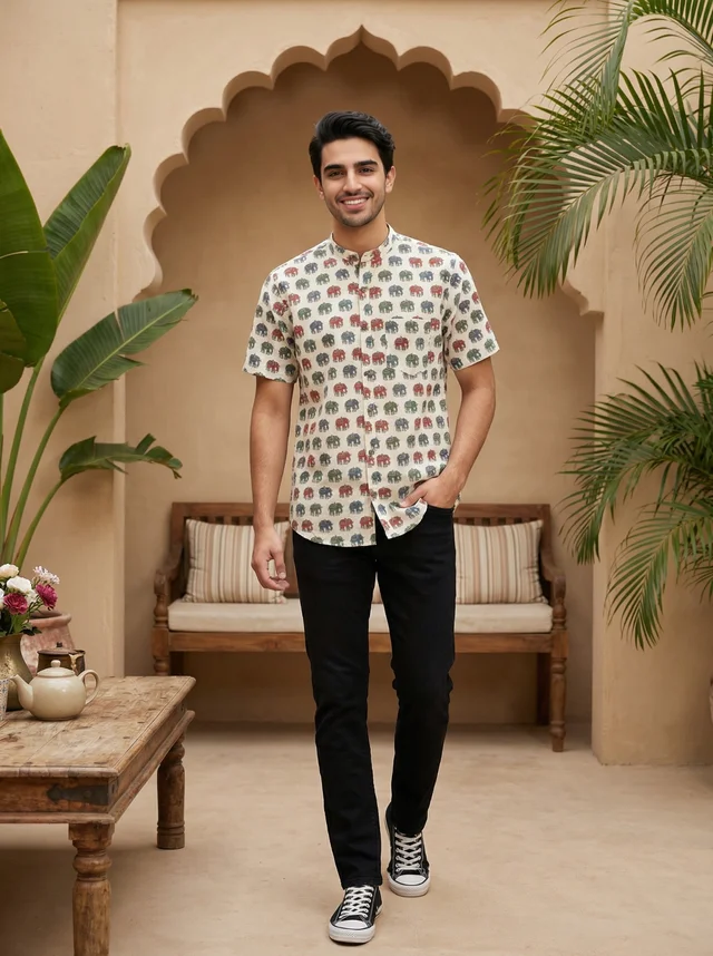Handcrafted Sanganeri Elephant Print Half-Sleeve Shirt Mandarin Collar – Pure Cotton