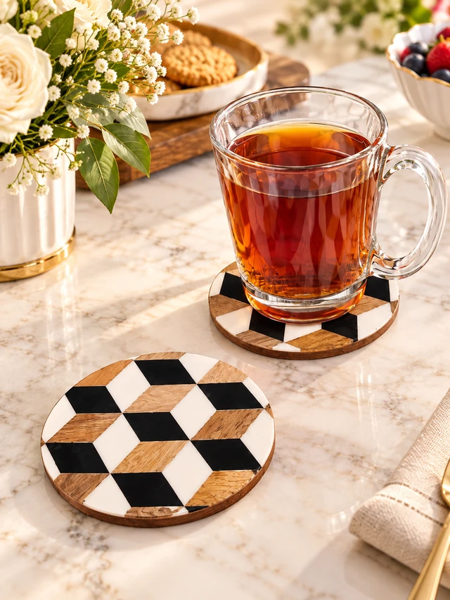 Wood, Resin Round Coaster Set (Pack Of 2)