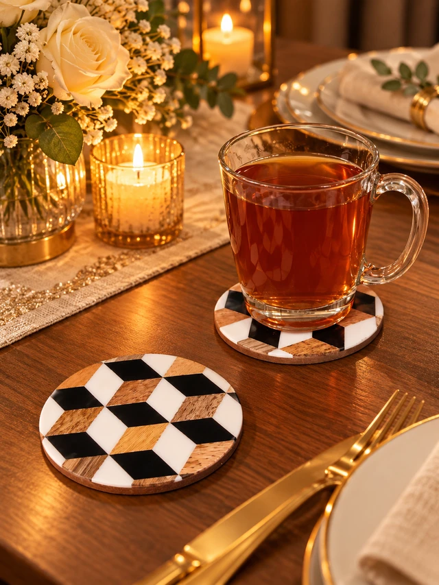 Wood, Resin Round Coaster Set (Pack Of 2)