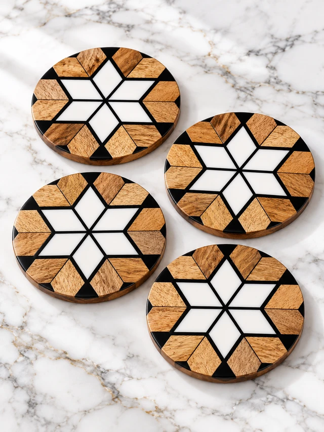 Wood, Resin Round Coaster Set (Pack of 4)