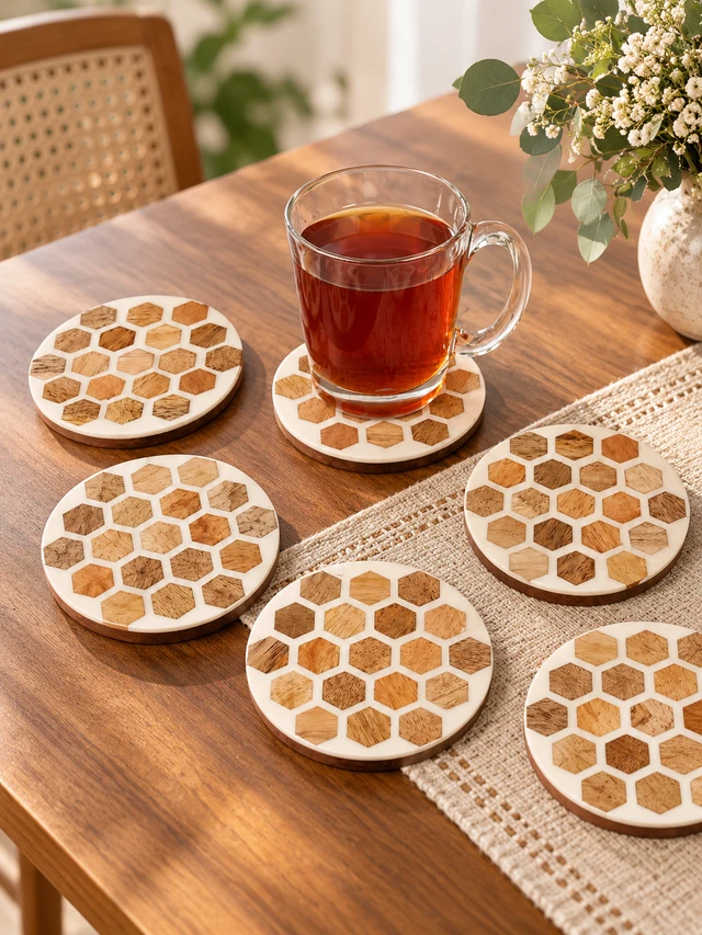 Wood, Resin Round Coaster Set (Pack Of 6)