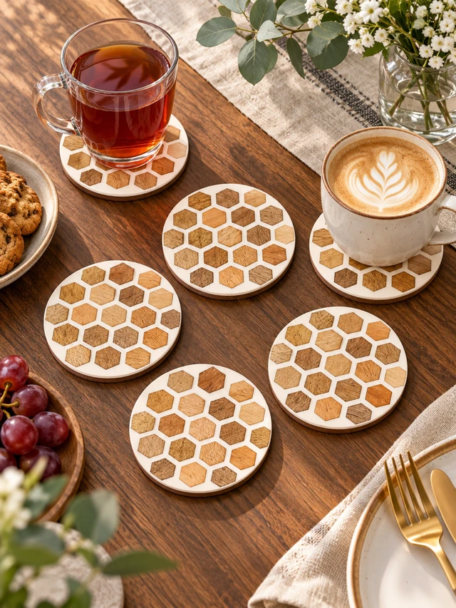 Wood, Resin Round Coaster Set (Pack Of 6)
