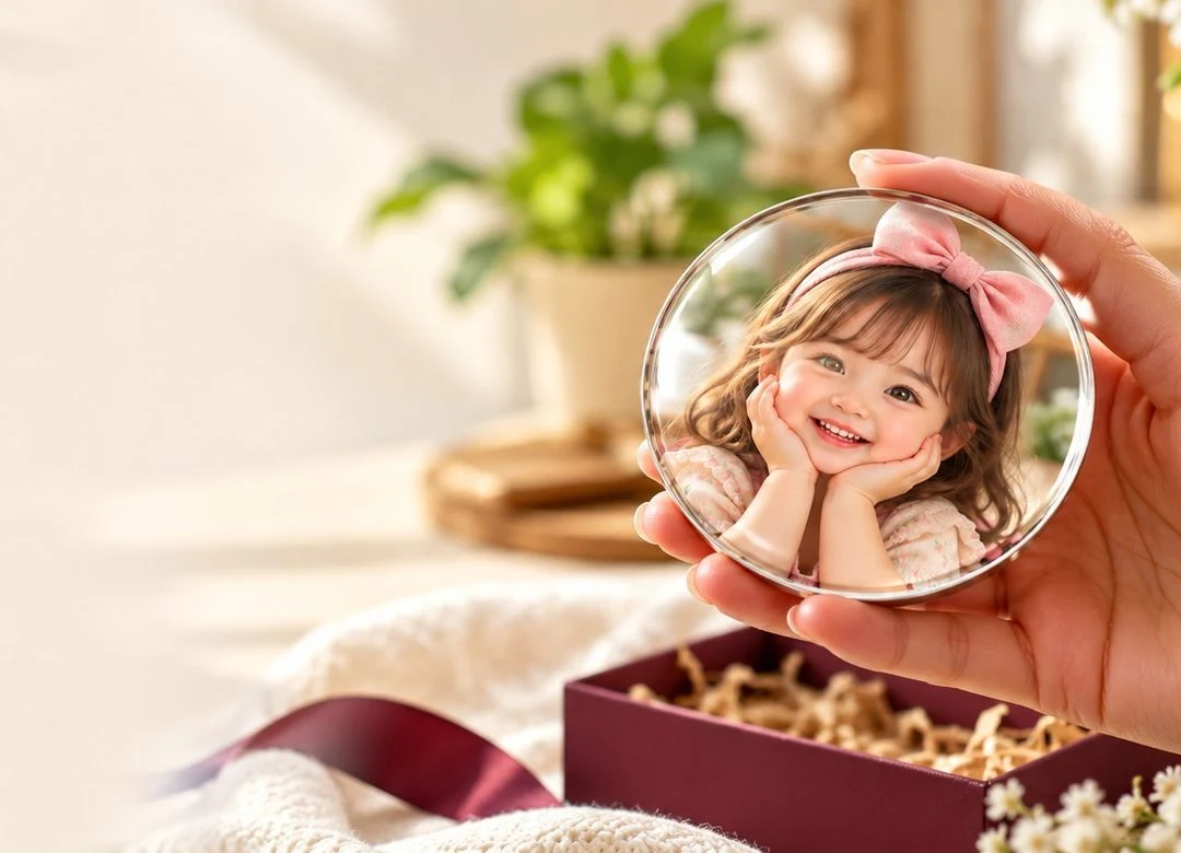 Hand holding a personalised clear acrylic photo magnet of a smiling child above a gift box