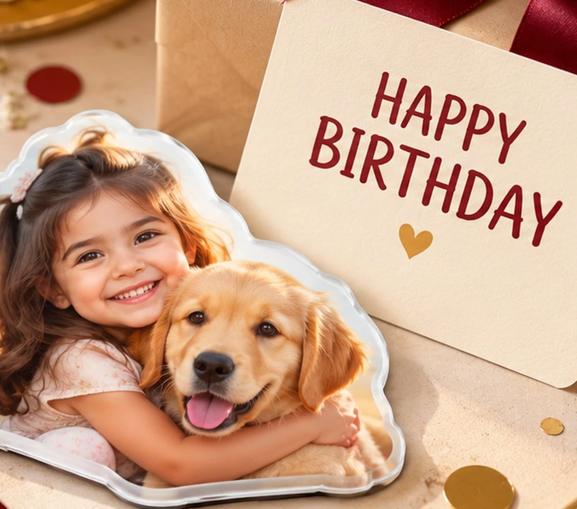 Child and puppy with a personalised acrylic photo magnet as a birthday gift