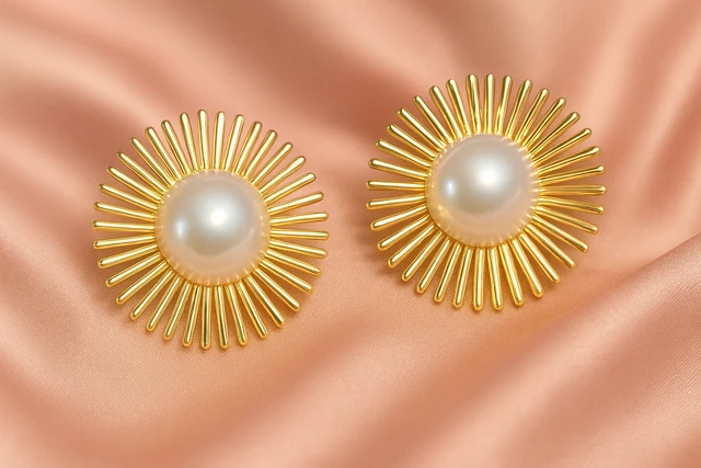 Daisy Pearl Stud Earrings - Korean Fashion Jewellery - 3.5 cm, Golden